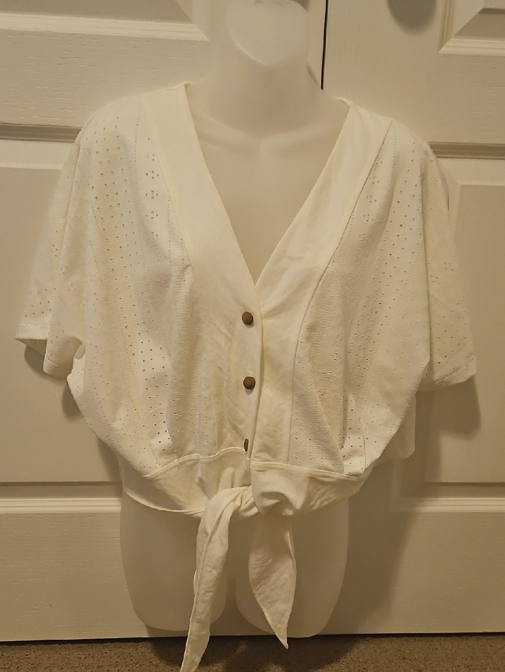 Zara Creme Eyelet Tie-Front V-Neck Crop Top
